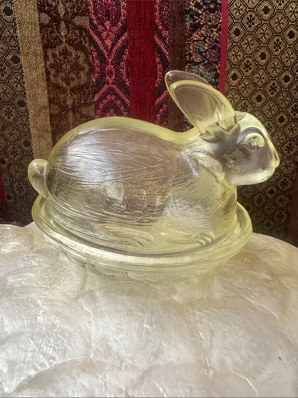 Vintage Glass Bunny Nesting Dish in Pale Yellow Glass